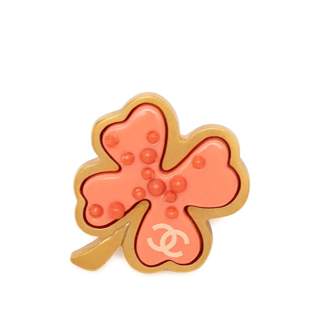 Chanel Coco Mark Clover Motif Brooch 03P Gold Pink Plated Plastic Women's CHANEL
